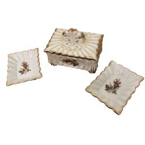 Vintage Moss Rose Floral China Set - Trinket Box w/ Ring Dishes Small Cute